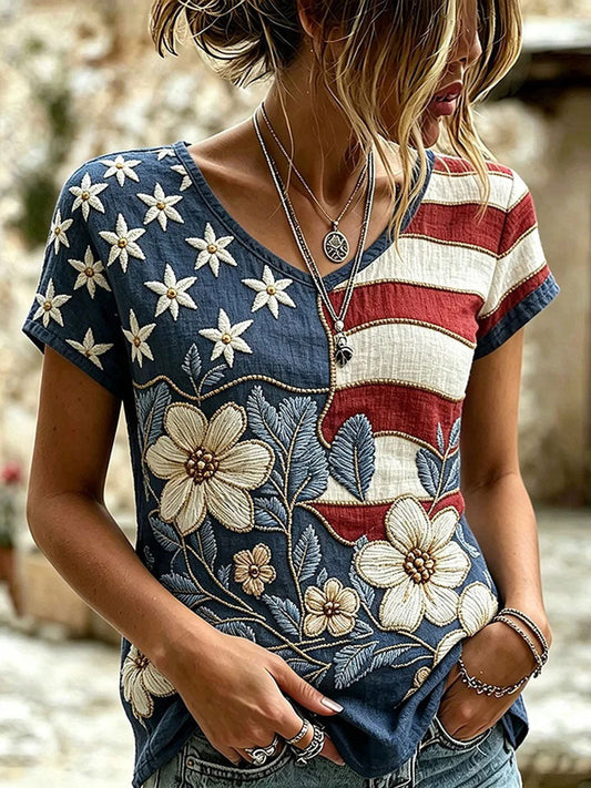 Women's American Flag Floral Print Casual T-shirt gracestitchs