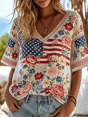 Women's American Flag Floral Print Casual T-shirt gracestitchs