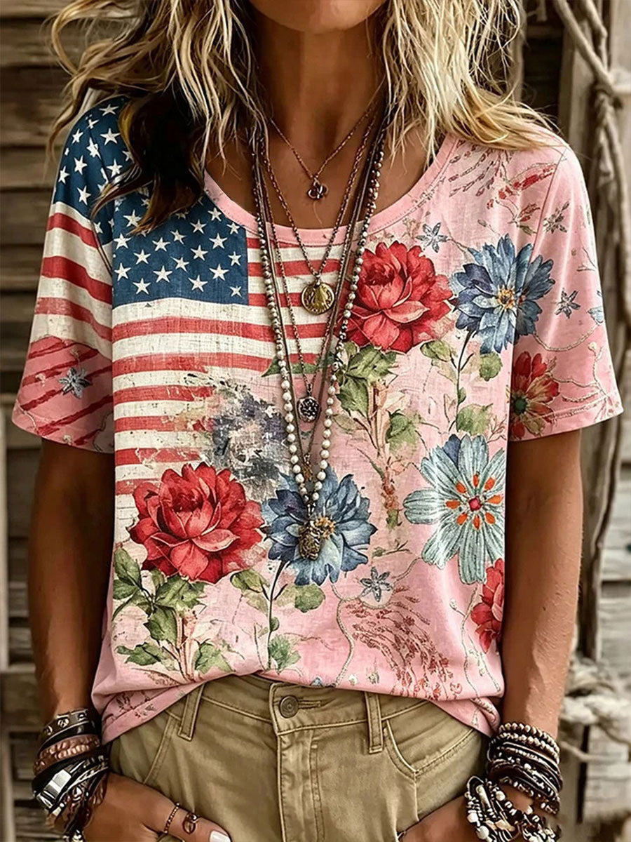 Women's American Flag Floral Print Casual T-shirt gracestitchs