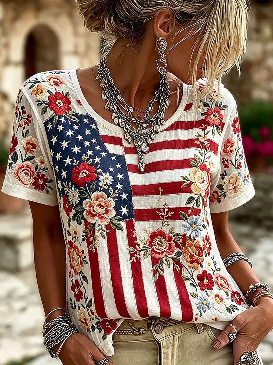 Women's American Flag Floral Print Casual T-shirt gracestitchs