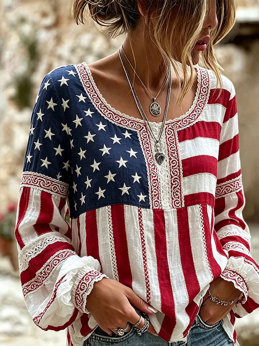 Women's American Flag Print Casual T-shirt gracestitchs