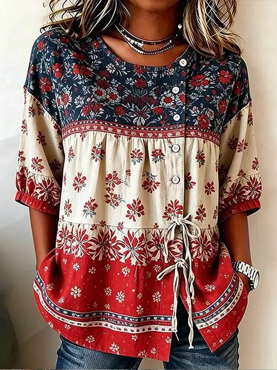 Women's Vintage Independence Day Flag Flower Cotton-Linen Button-Front Top with Ties gracestitchs