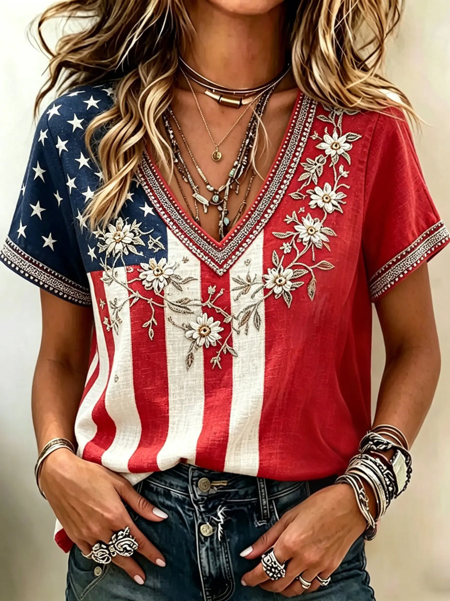 Women's Vintage Independence Day Flag Flower Art Print Linen Short Sleeves Top gracestitchs