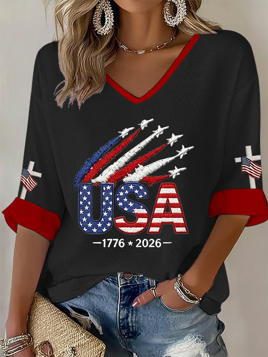 Women's  Independence Day USA  Flag Art Waffle T-shirt gracestitchs