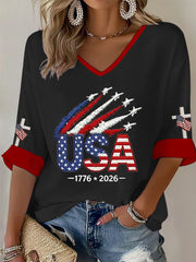 Women's  Independence Day USA  Flag Art Waffle T-shirt gracestitchs