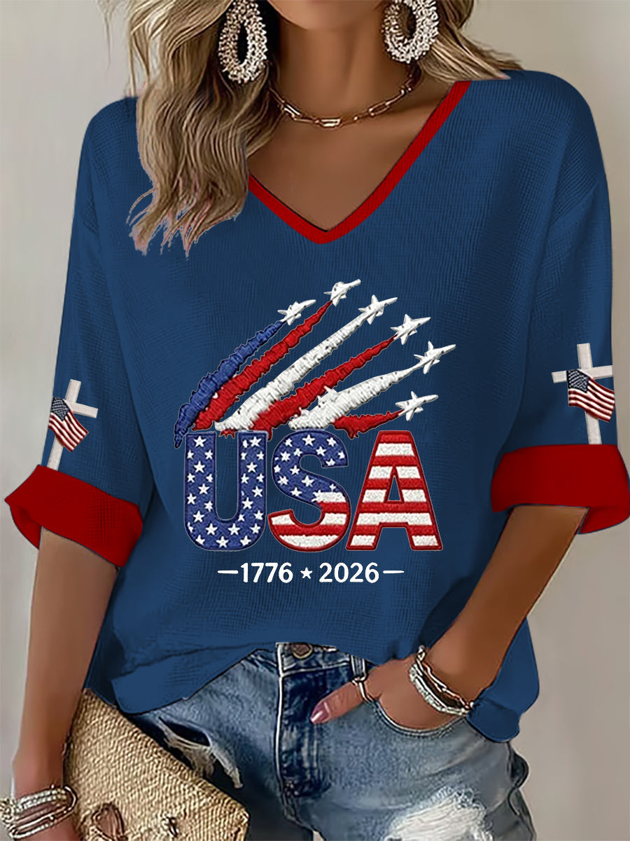 Women's  Independence Day USA  Flag Art Waffle T-shirt gracestitchs