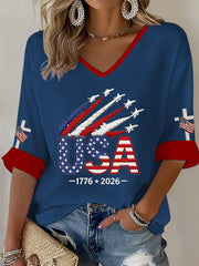 Women's  Independence Day USA  Flag Art Waffle T-shirt gracestitchs