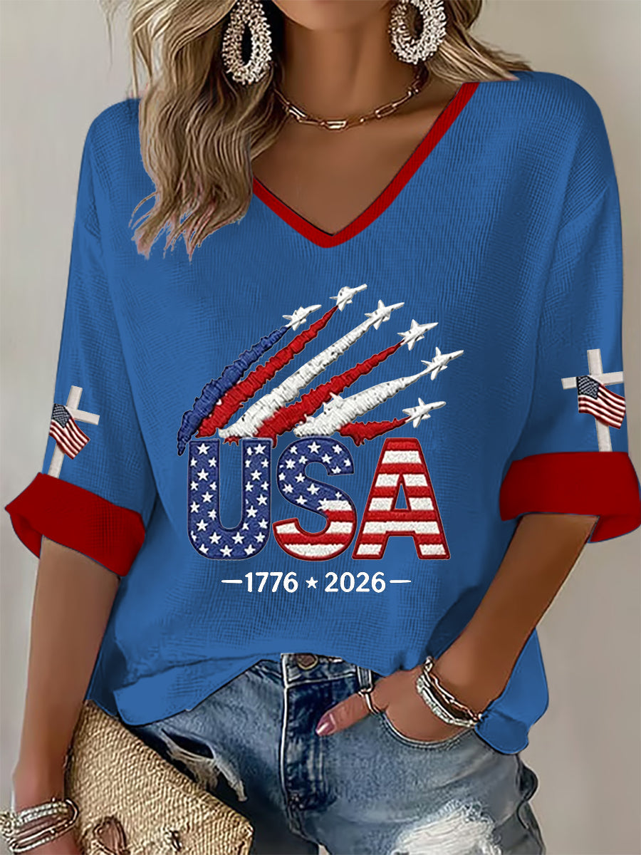 Women's  Independence Day USA  Flag Art Waffle T-shirt gracestitchs