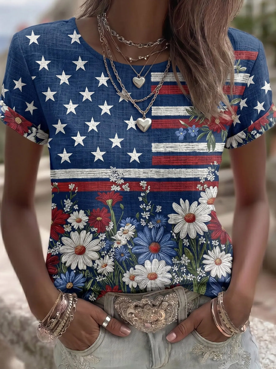 Women's Vintage Independence Day Flag Flower Art Print Linen Short Sleeves Top gracestitchs