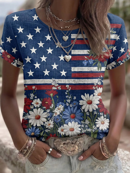 Women's Vintage Independence Day Flag Flower Art Print Linen Short Sleeves Top gracestitchs