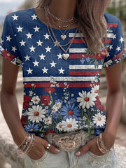 Women's Vintage Independence Day Flag Flower Art Print Linen Short Sleeves Top gracestitchs