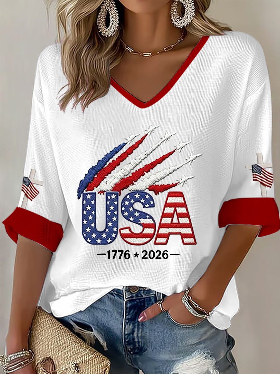 Women's  Independence Day USA  Flag Art Waffle T-shirt gracestitchs