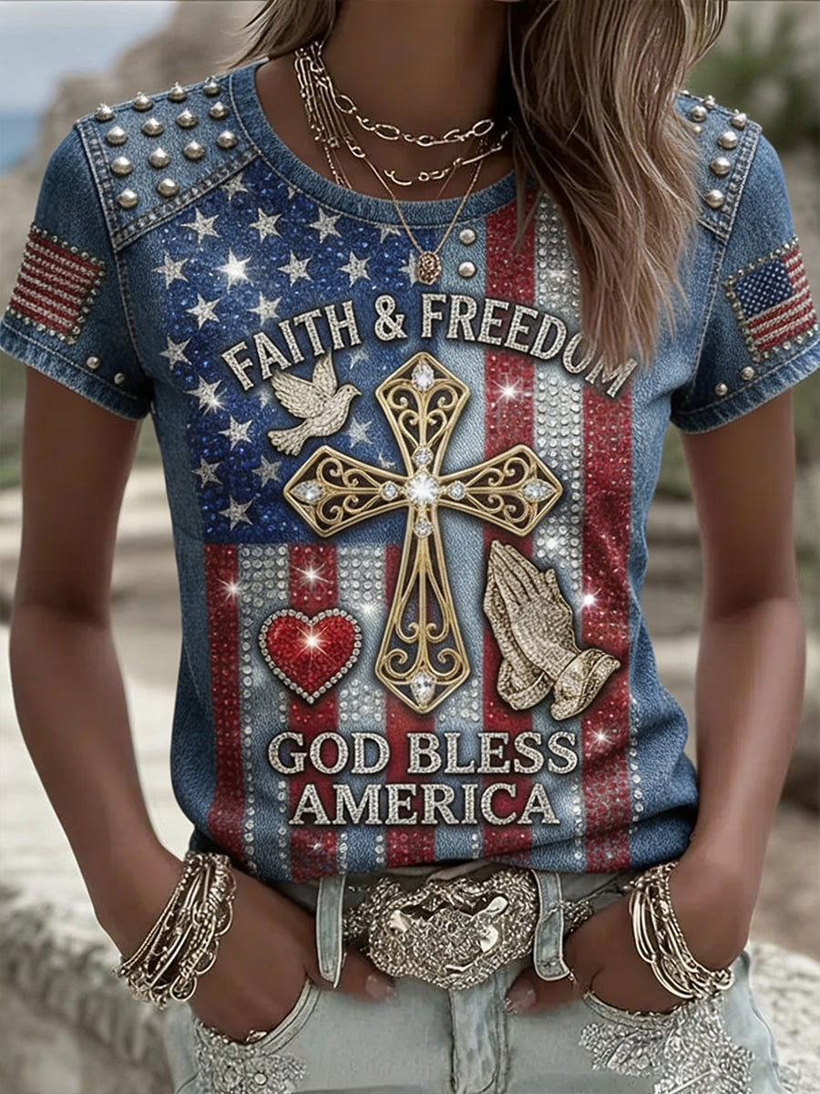 Women's Vintage Independence Day Flag Art God Bless America Short Sleeve T-shirt gracestitchs