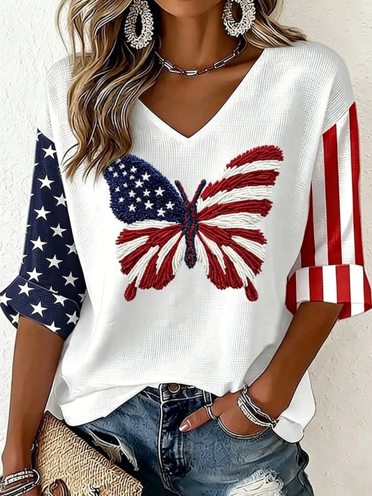Women's Vintage Independence Day Butterfly Flag Art  Waffle T-shirt gracestitchs