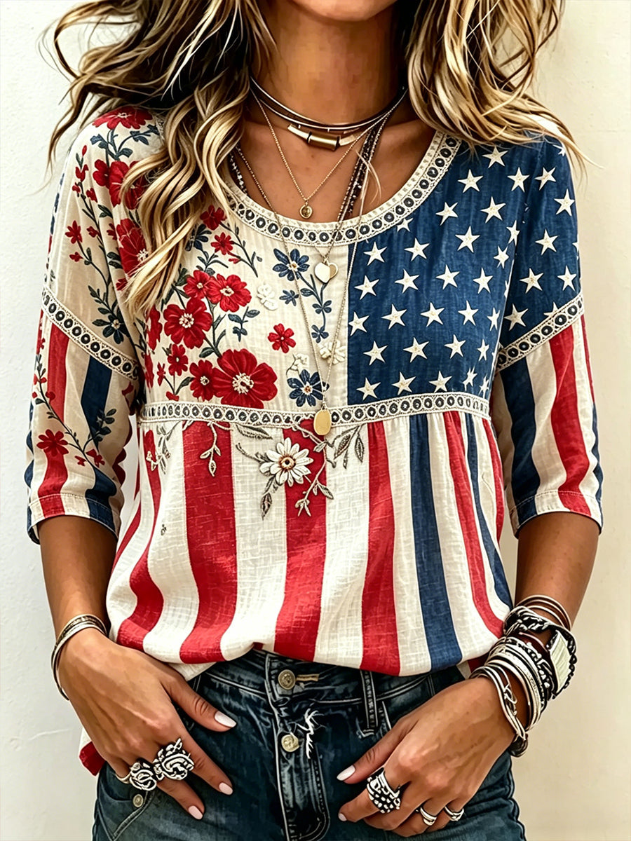 Women's Vintage Independence Day Flag Flower Art Print Linen Short Sleeves Top gracestitchs
