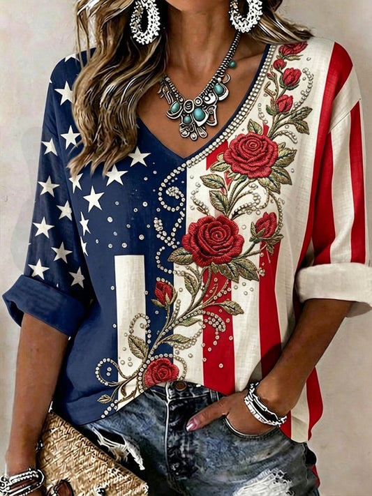 Women's Vintage Independence Day Flag Flower Art Print Linen  V-Neck Shirt gracestitchs