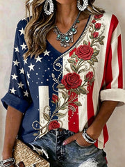 Women's Vintage Independence Day Flag Flower Art Print Linen  V-Neck Shirt gracestitchs