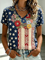 Women's Vintage Independence Day Flag Flower Art Print Linen Short Sleeves Top gracestitchs