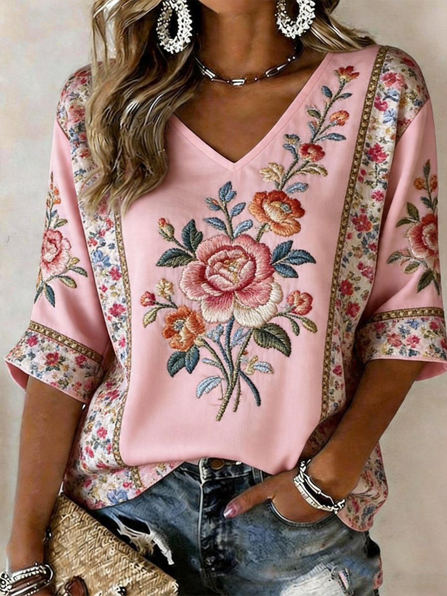 Women's Pink Floral Print linen short-sleeved T-shirt gracestitchs