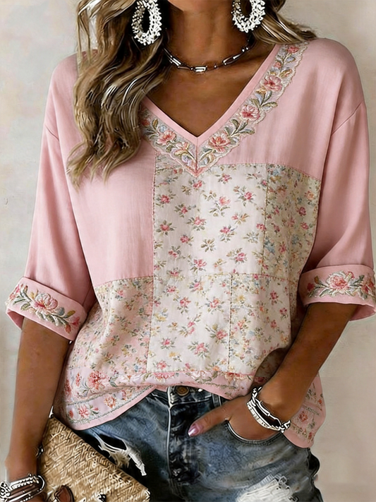 Women's Pink Floral Print linen short-sleeved T-shirt gracestitchs