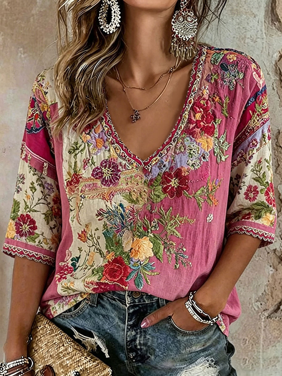 Women's Pink Floral Print Casual T-Shirt gracestitchs