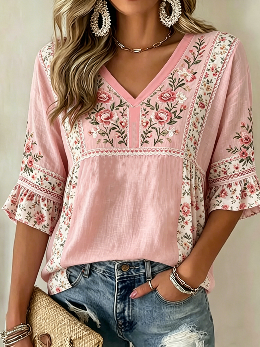 Women's Floral Print Mid-length Sleeves V-Neck T-Shirt gracestitchs