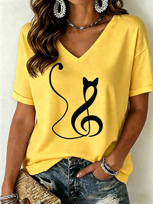 Women's Cat Print V-Neck T-Shirt gracestitchs