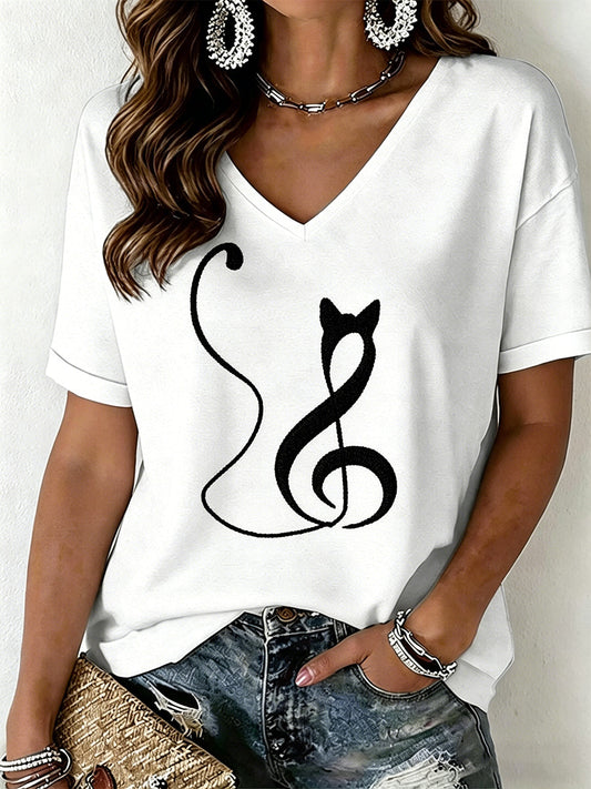 Women's Cat Print V-Neck T-Shirt gracestitchs