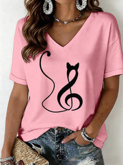 Women's Cat Print V-Neck T-Shirt gracestitchs