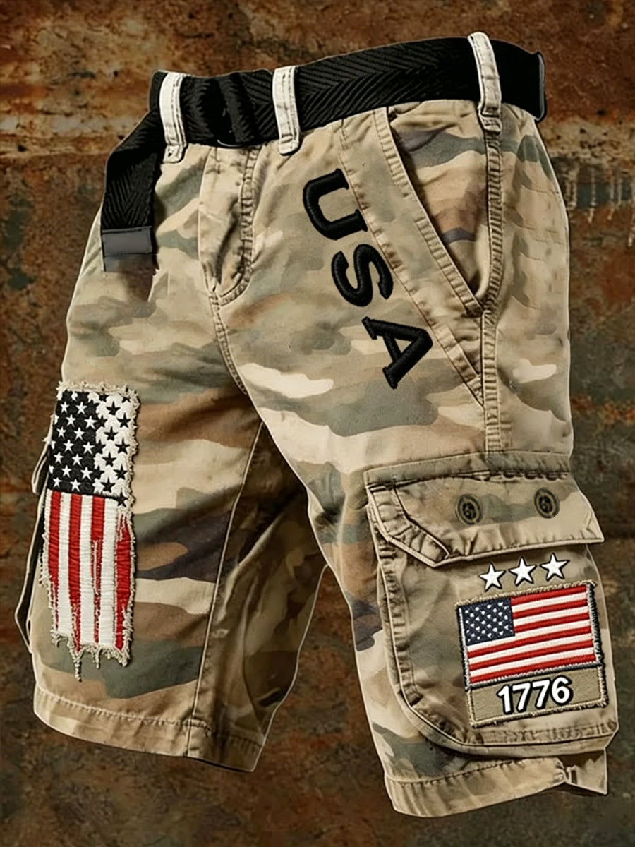Men's USA Flag Camouflage Print Casual Cargo Shorts gracestitchs
