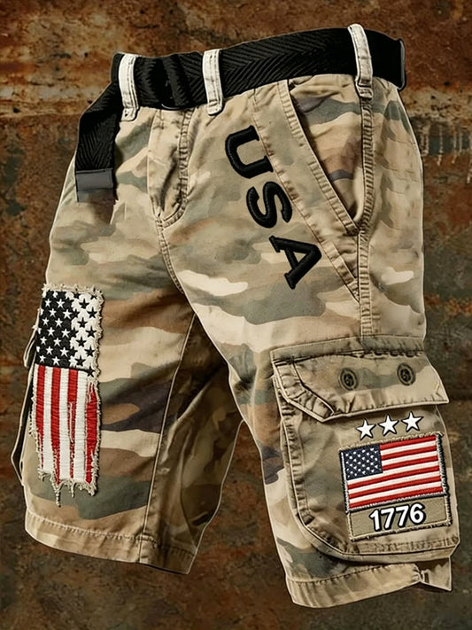 Men's USA Flag Camouflage Print Casual Cargo Shorts gracestitchs