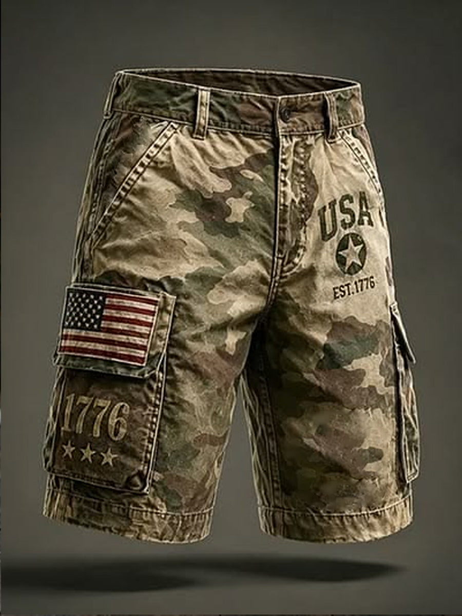 Men's USA Flag Camouflage Print Casual Cargo Shorts gracestitchs