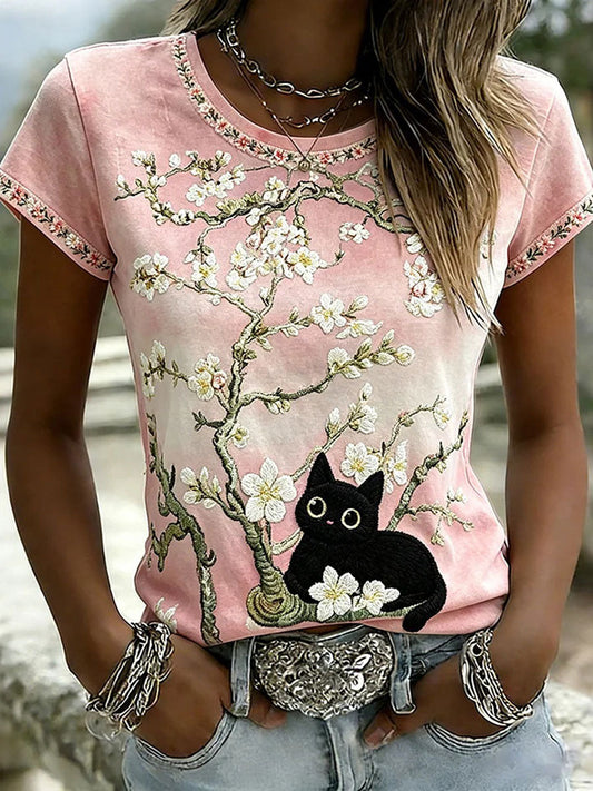 Women's Cat Print Casual T-Shirt gracestitchs
