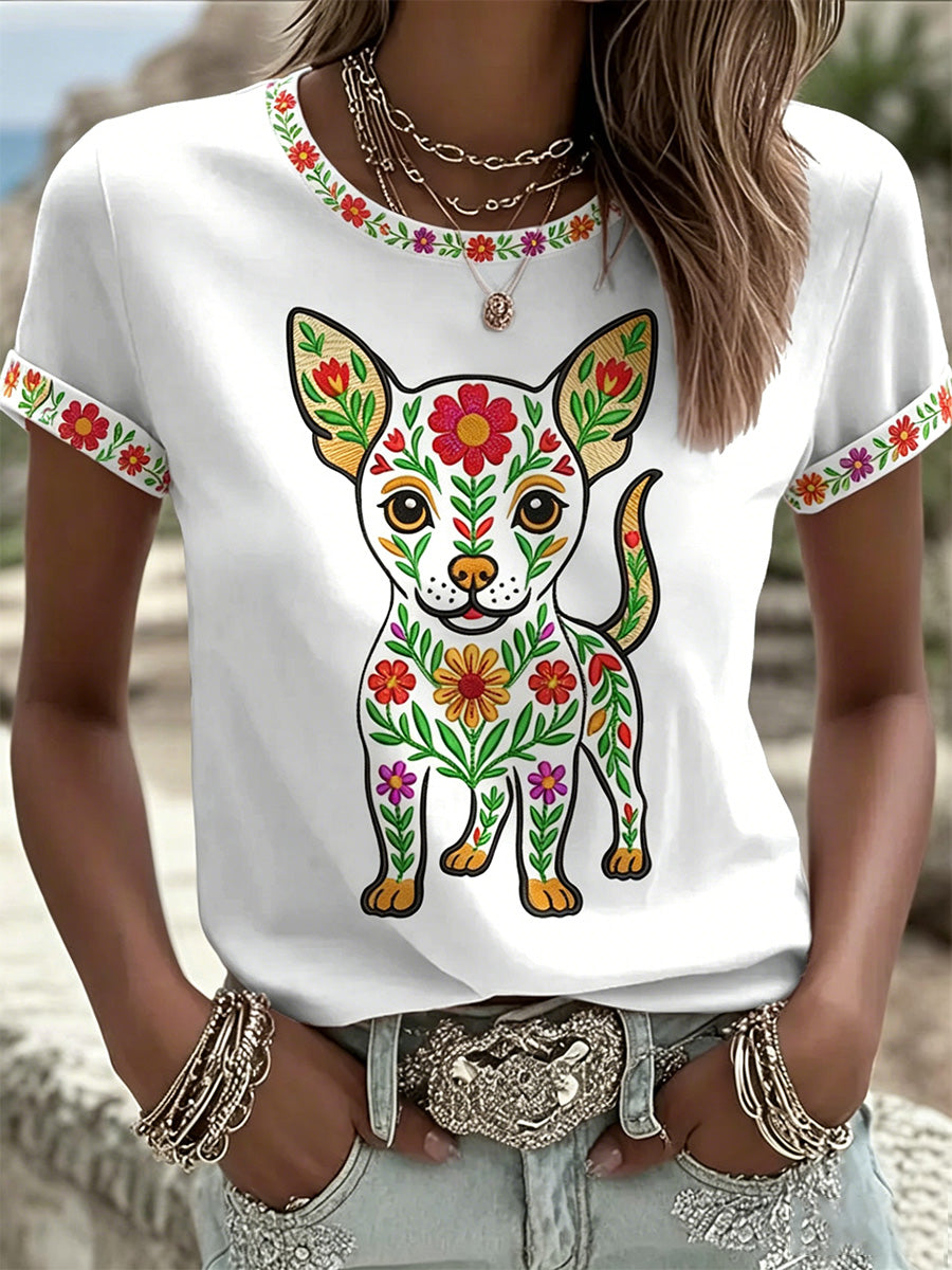 Women's Floral Dog Print Casual Tee gracestitchs