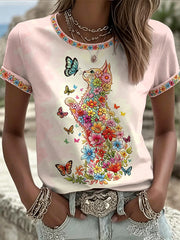 Women's Floral Cats Print Casual Tee gracestitchs