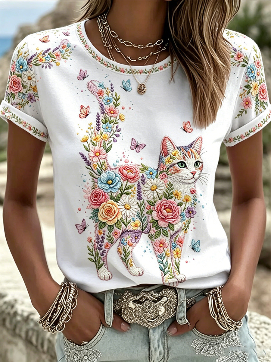Women's Floral Cats Print Casual Tee gracestitchs