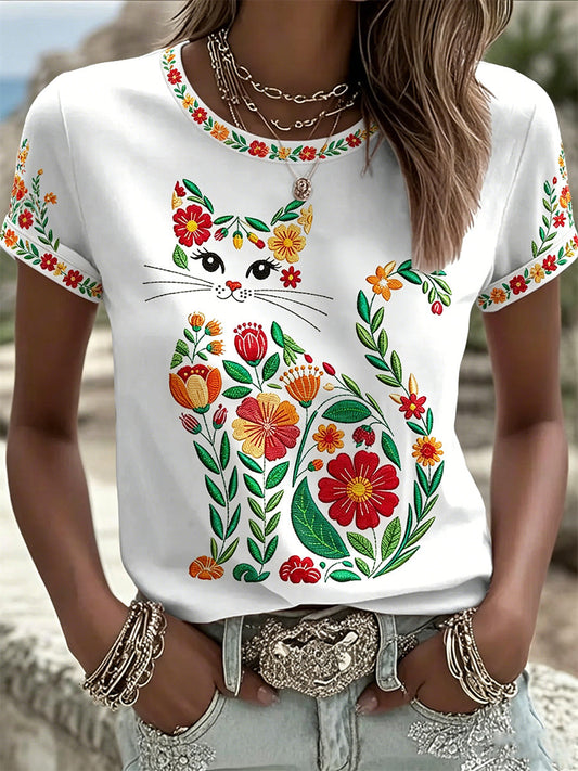 Women's Floral Cats Print Casual Tee gracestitchs
