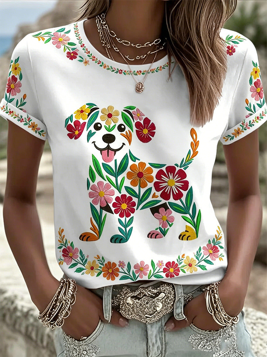 Women's Floral Dog Print Casual Tee gracestitchs