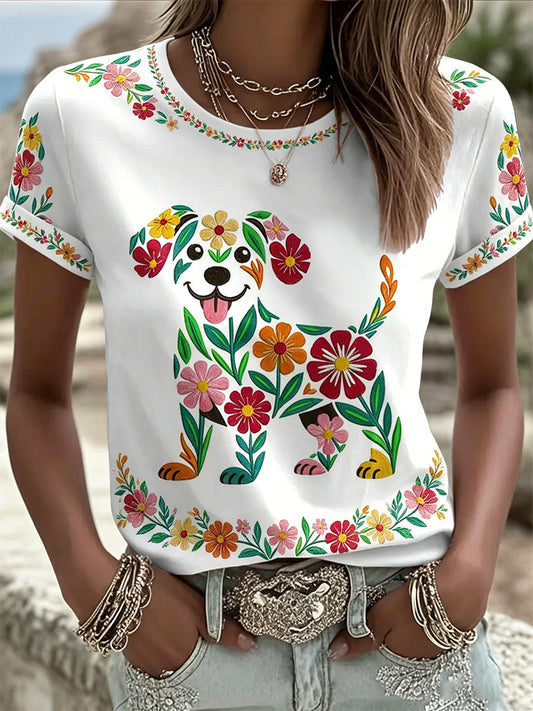 Women's Floral Dog Print Casual Tee gracestitchs