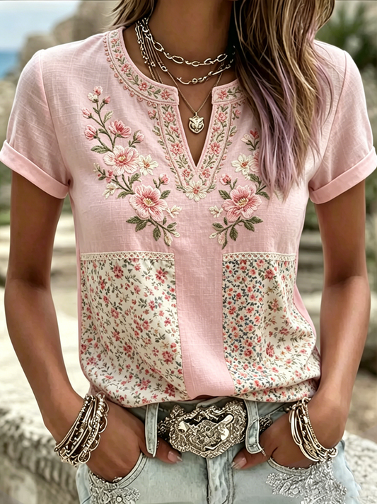 Women's Pink Floral Print short-sleeved T-shirt gracestitchs