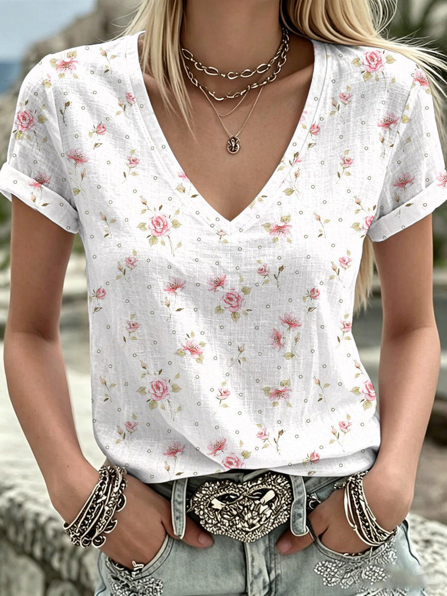 Women's Pink Flowers Print V-Neck Casual T-Shirt gracestitchs