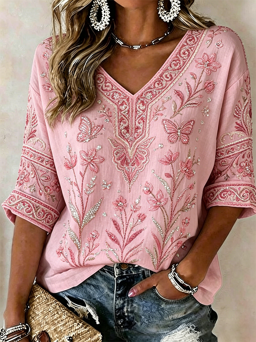 Women's Breast Cancer Pink Flowers Print Casual T-shirt gracestitchs