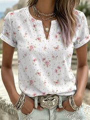 Women's Pink Flowers Print V-Neck Casual T-Shirt gracestitchs