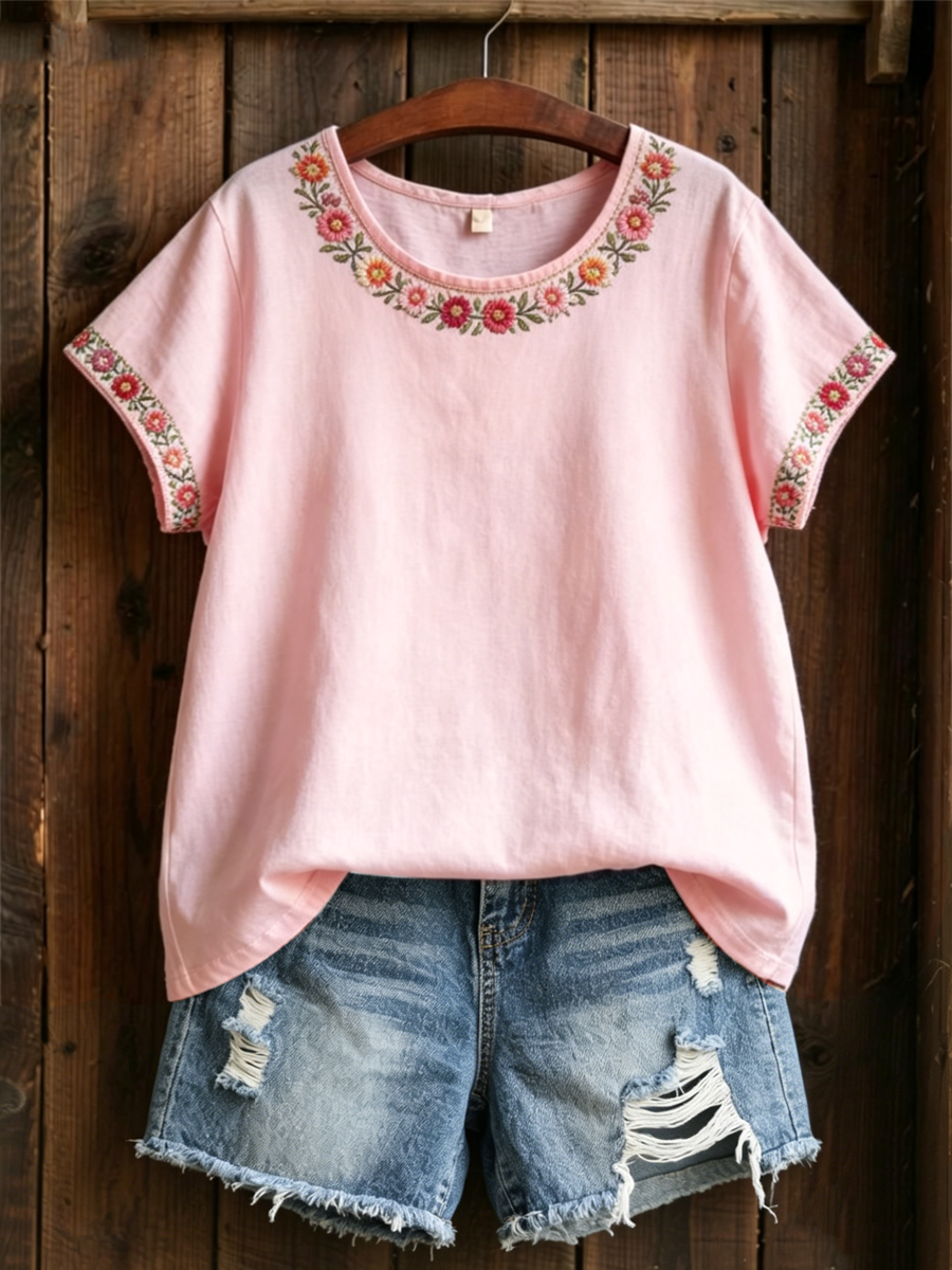 Women's Pink Floral Print linen short-sleeved T-shirt gracestitchs