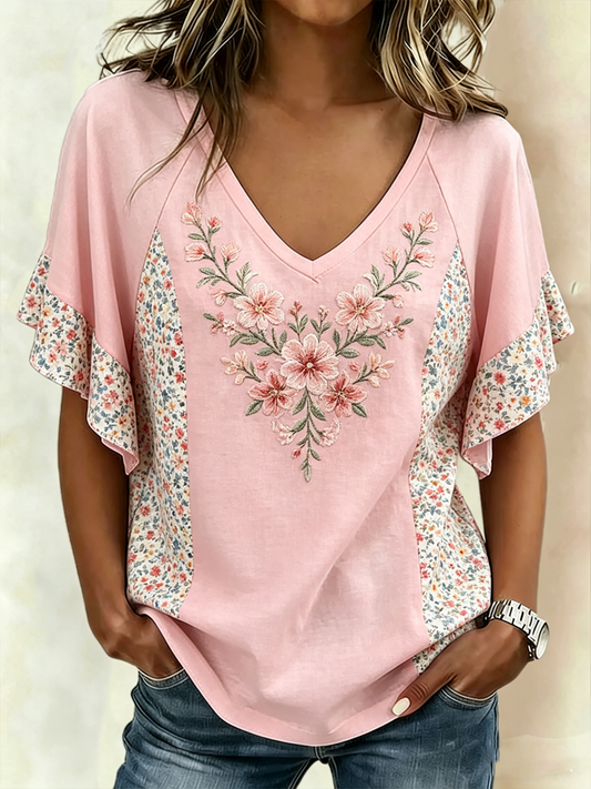 Women's Pink Floral Print Short Sleeve T-Shirt gracestitchs