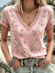 Women's Breast Cancer Pink Flowers Print V-Neck Casual T-Shirt gracestitchs