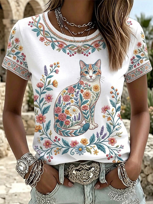 Women's Floral Cats Print Casual Tee gracestitchs