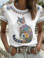 Women's Floral Cats Print Casual Tee gracestitchs