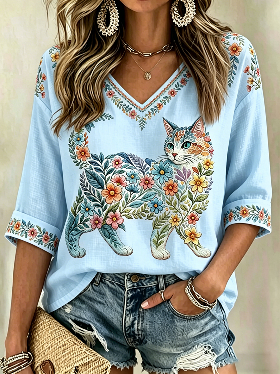 Women's Floral Cats Print Casual V-Neck Shirt gracestitchs
