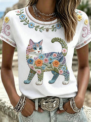 Women's Floral Cats Print Casual Tee gracestitchs